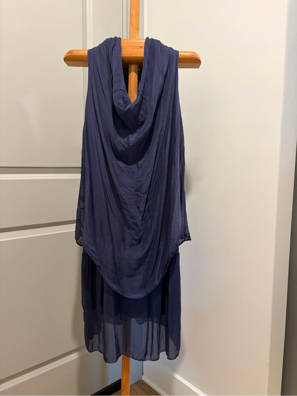 Tempo Paris Layered Silk Cowl Neck Overlay Dress Blue Size Large
